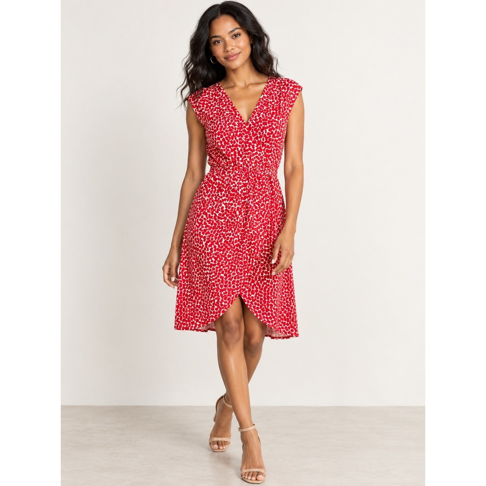 BCBGMAXAZRIA Faux Wrap Dress Womens M Red White Geometric High Low ZAL67H41